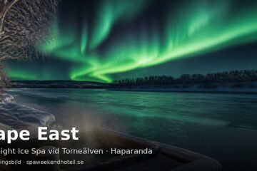 Stämningsbild av en frusen älv under norrsken med en ångande utomhuspool på en snöig terrass – genererad bild, inte ett foto av Cape East