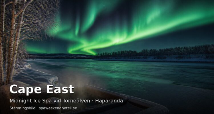 Stämningsbild av en frusen älv under norrsken med en ångande utomhuspool på en snöig terrass – genererad bild, inte ett foto av Cape East