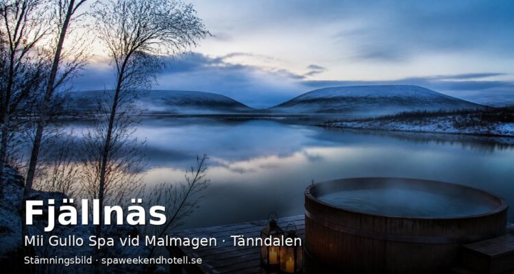 Stämningsbild av en fjällsjö i skymningen med en ångande badtunna på en brygga – genererad bild, inte ett foto av Fjällnäs