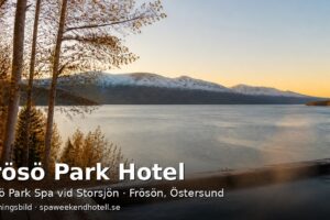 Stämningsbild av en fjällsjö i höstskymning med en ångande utomhuspool i förgrunden – genererad bild, inte ett foto av Frösö Park Hotel