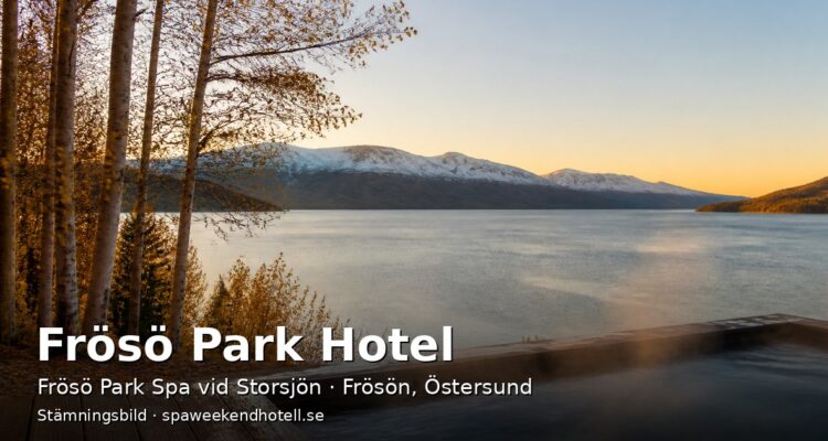 Stämningsbild av en fjällsjö i höstskymning med en ångande utomhuspool i förgrunden – genererad bild, inte ett foto av Frösö Park Hotel