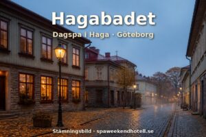Stämningsbild från en kullerstensgata i Haga i Göteborg en höstkväll – genererad bild, inte ett foto av Hagabadet