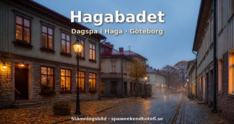 Stämningsbild från en kullerstensgata i Haga i Göteborg en höstkväll – genererad bild, inte ett foto av Hagabadet