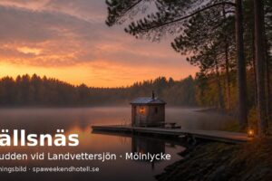 Stämningsbild av en skogssjö med bastuflotte en höstkväll – genererad bild, inte ett foto av Hällsnäs