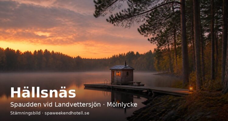 Stämningsbild av en skogssjö med bastuflotte en höstkväll – genererad bild, inte ett foto av Hällsnäs