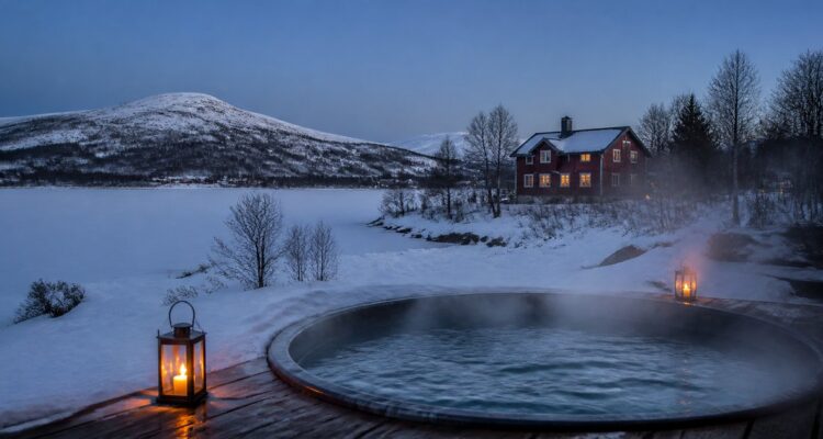 Stämningsbild: snöiga fjäll i blå timmen med en ångande utomhuspool och en röd stuga – genererad bild, inte ett foto från något av hotellen
